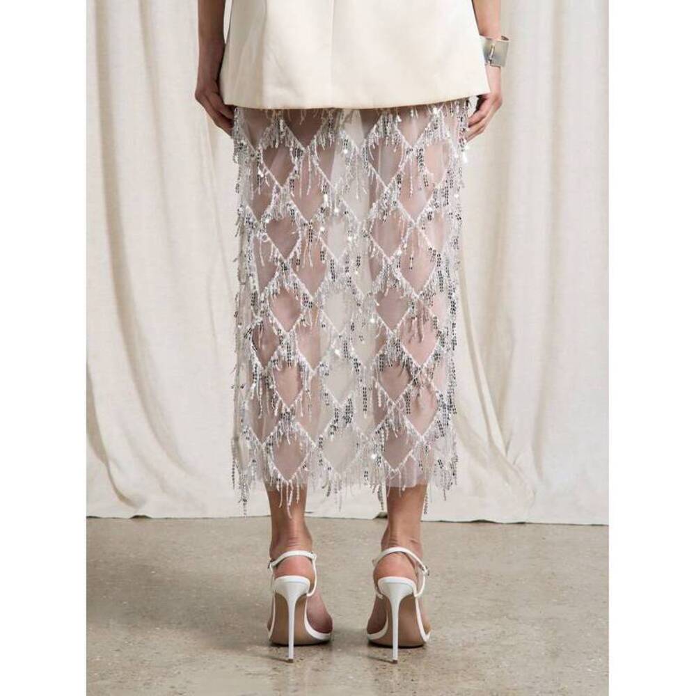 AiiRZ Embellished Pencil Maxi Skirt Wedding Reception Beaded Crystal Net Overlay - Picture 2 of 4
